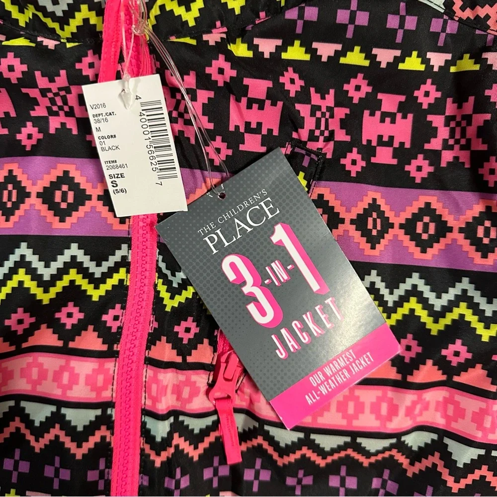 NWT The Children's Place 3 in 1 Pink and Black neon Geometric Jacket Small 5/6